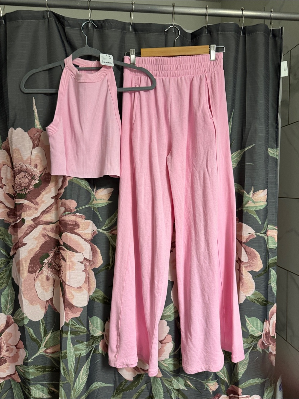 Free People Light Pink Wide-Leg Lounge Pants with Matching Crop Tank